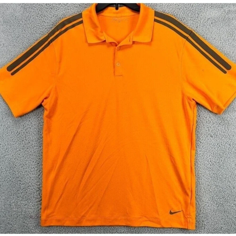 Nike Golf Polo Shirt Mens Large Orange Striped Dri-FIT Wicking Performance EUC